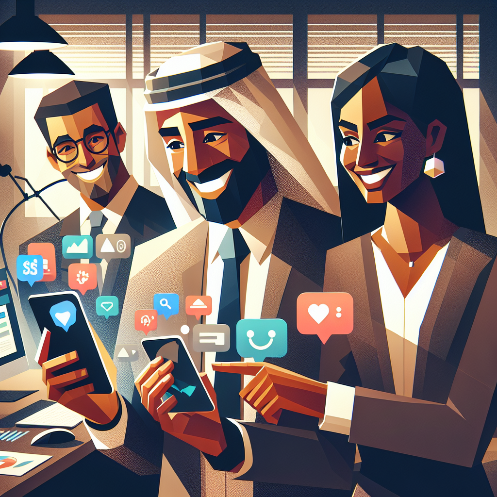 Illustration of smiling professionals with smartphones in a home office setups setting, with a happy mood.