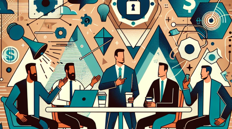 Illustration of men in casual business attire presenting in a coffee shop settings setting, with a focused mood.