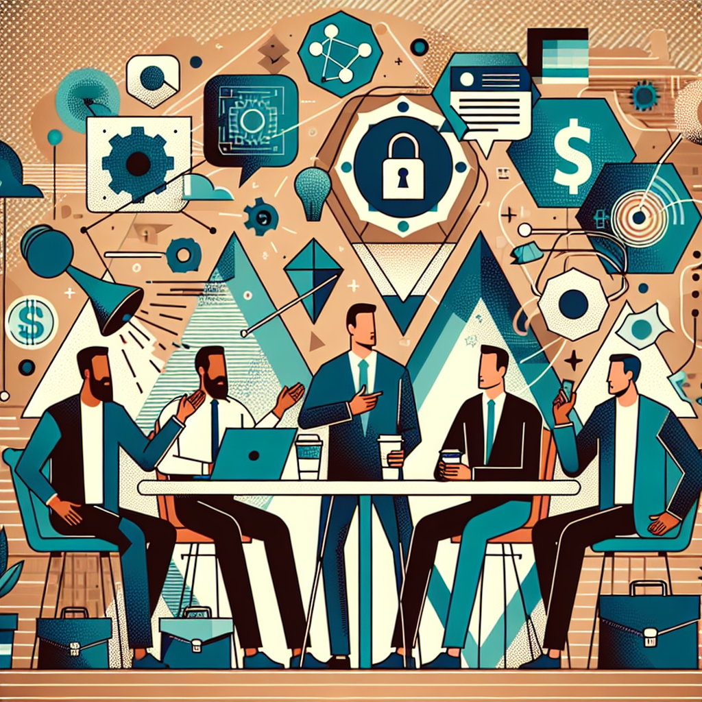 Illustration of men in casual business attire presenting in a coffee shop settings setting, with a focused mood.