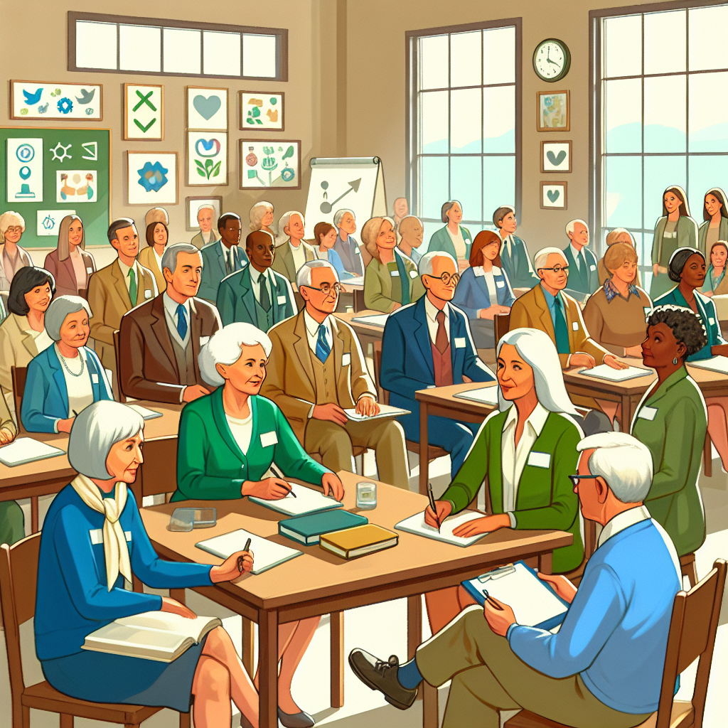 Illustration of group workshops with older attendees in a legacy business interiors setting, with a inspired mood.