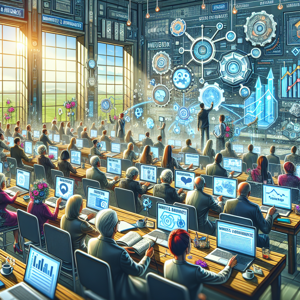Illustration of group workshops with older attendees in a digital dashboards and data setting, with a focused mood.
