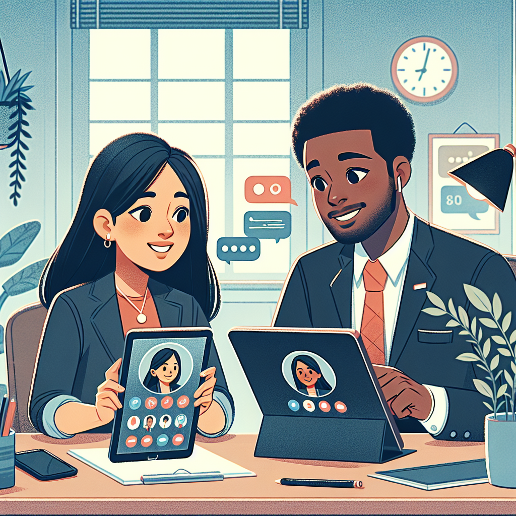 Illustration of video conferencing on tablets in a home office setups setting, with a creative mood.
