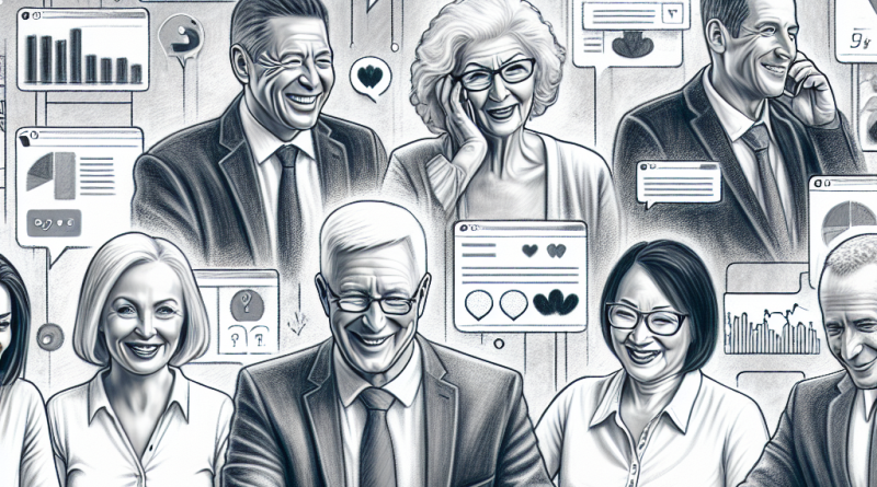 Illustration of mature professionals on laptops in a digital dashboards and data setting, with a happy mood.