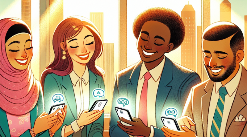 Illustration of smiling professionals with smartphones in a sunlit professional workspaces setting, with a relaxed mood.