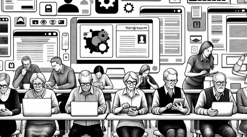 Illustration of group workshops with older attendees in a minimalist tech environments setting, with a creative mood.