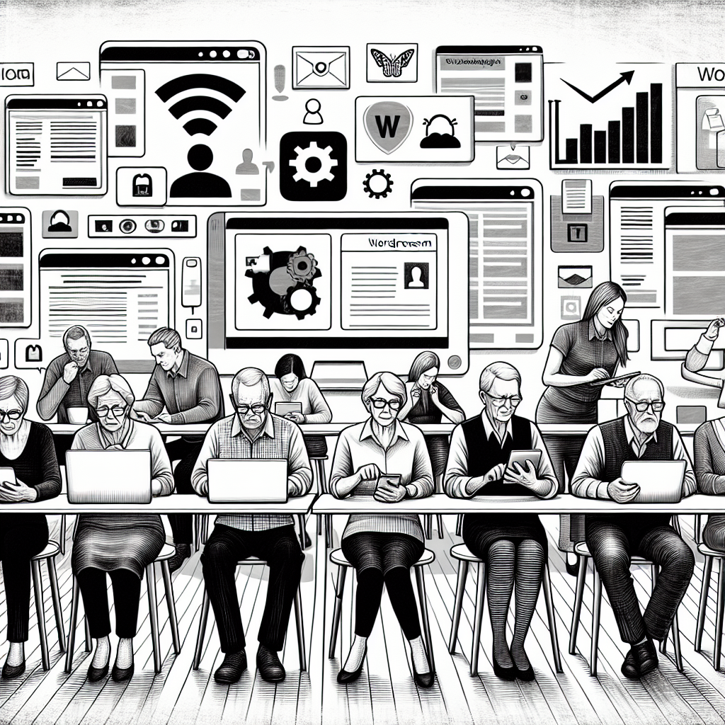 Illustration of group workshops with older attendees in a minimalist tech environments setting, with a creative mood.