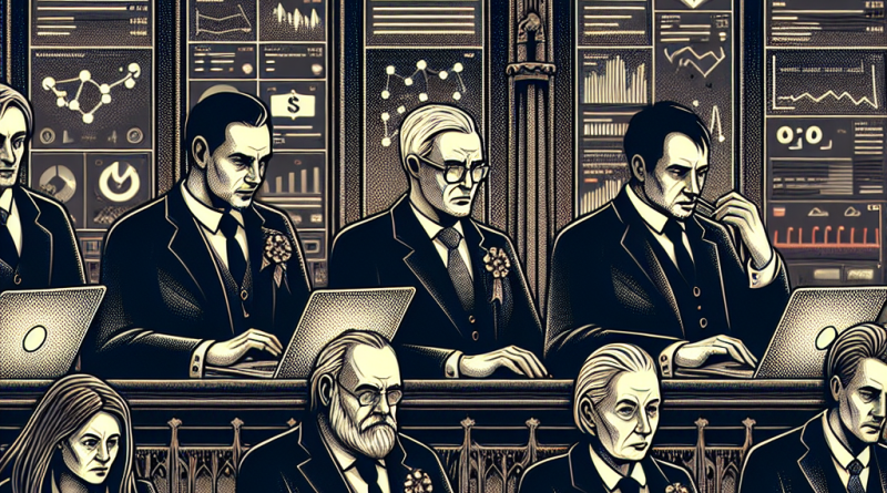 Illustration of mature professionals on laptops in a digital dashboards and data setting, with a focused mood.