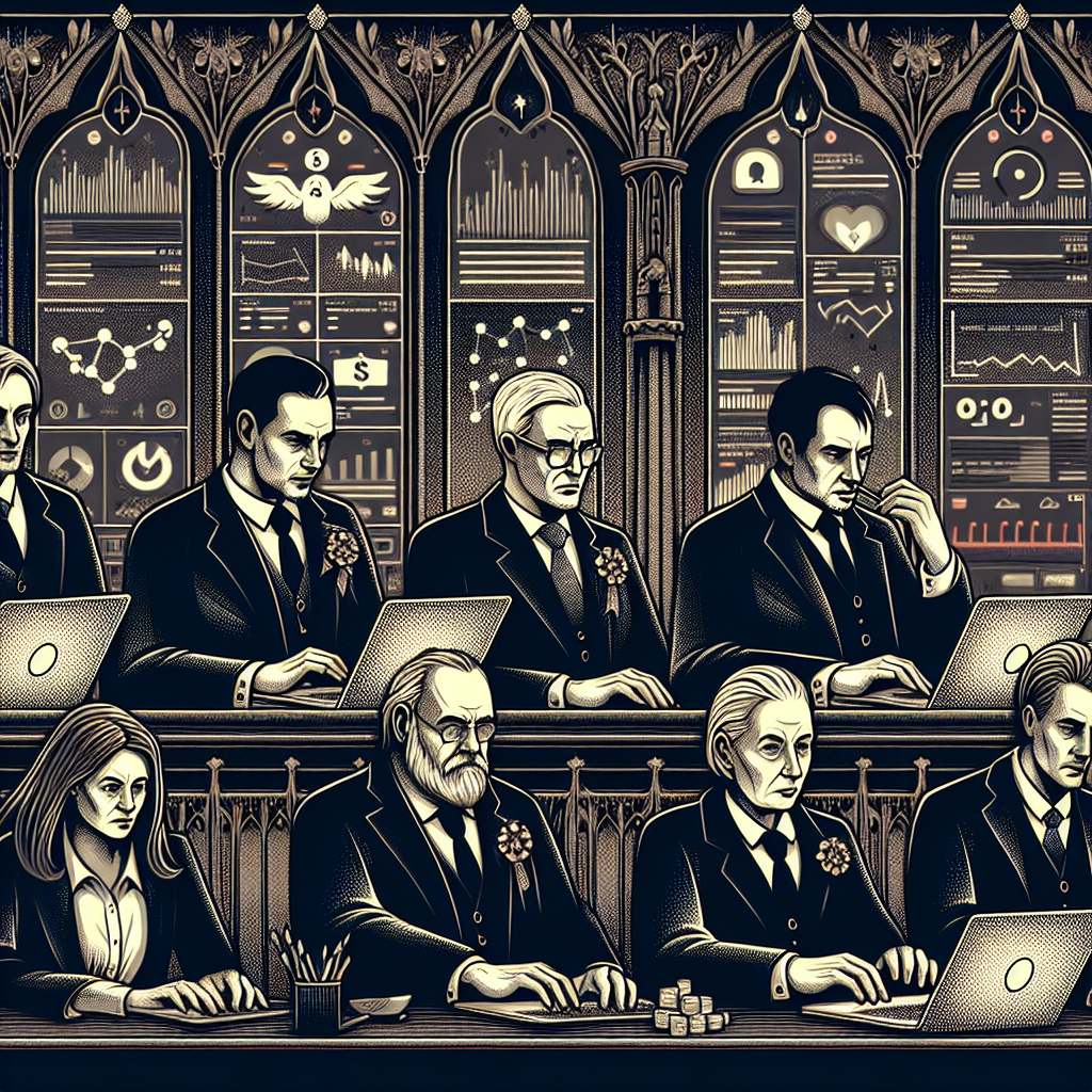 Illustration of mature professionals on laptops in a digital dashboards and data setting, with a focused mood.