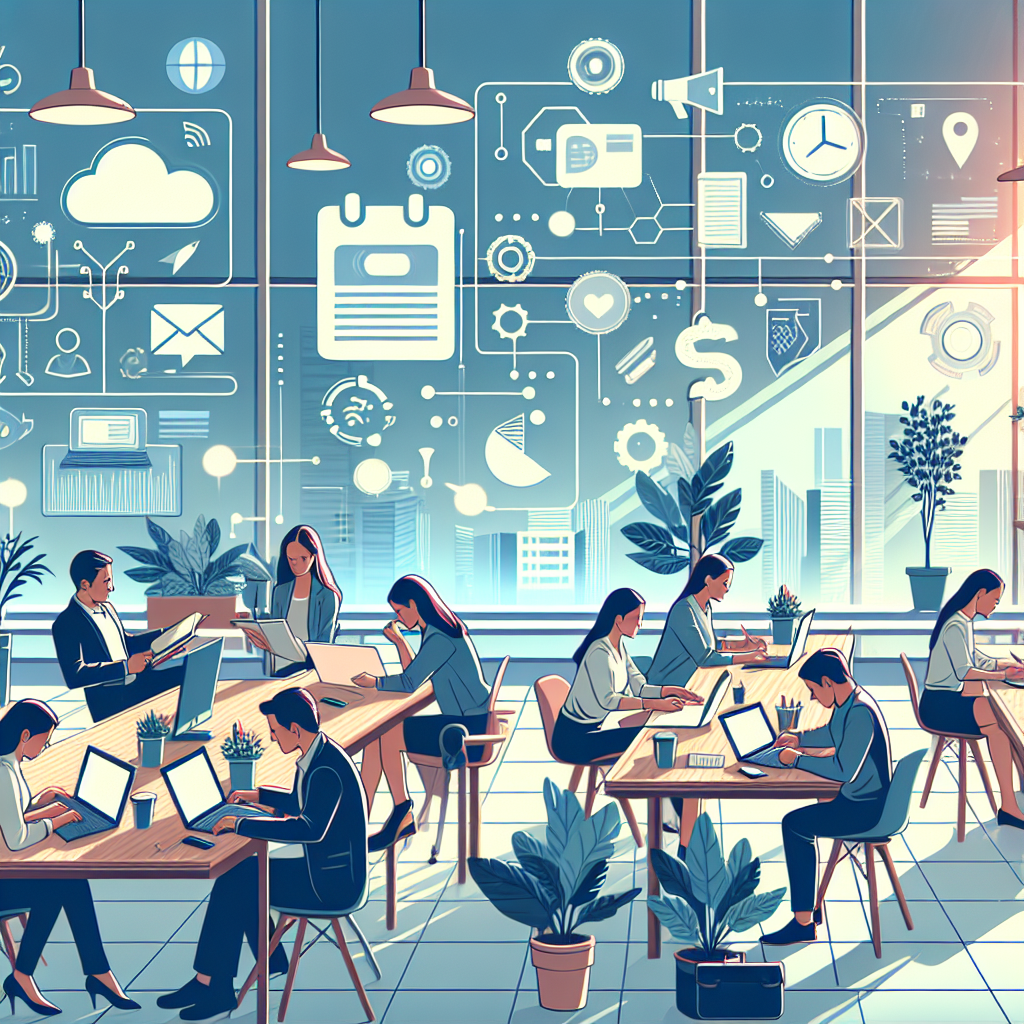 Illustration of writing in notebooks with tablets nearby in a modern coworking spaces setting, with a relaxed mood.