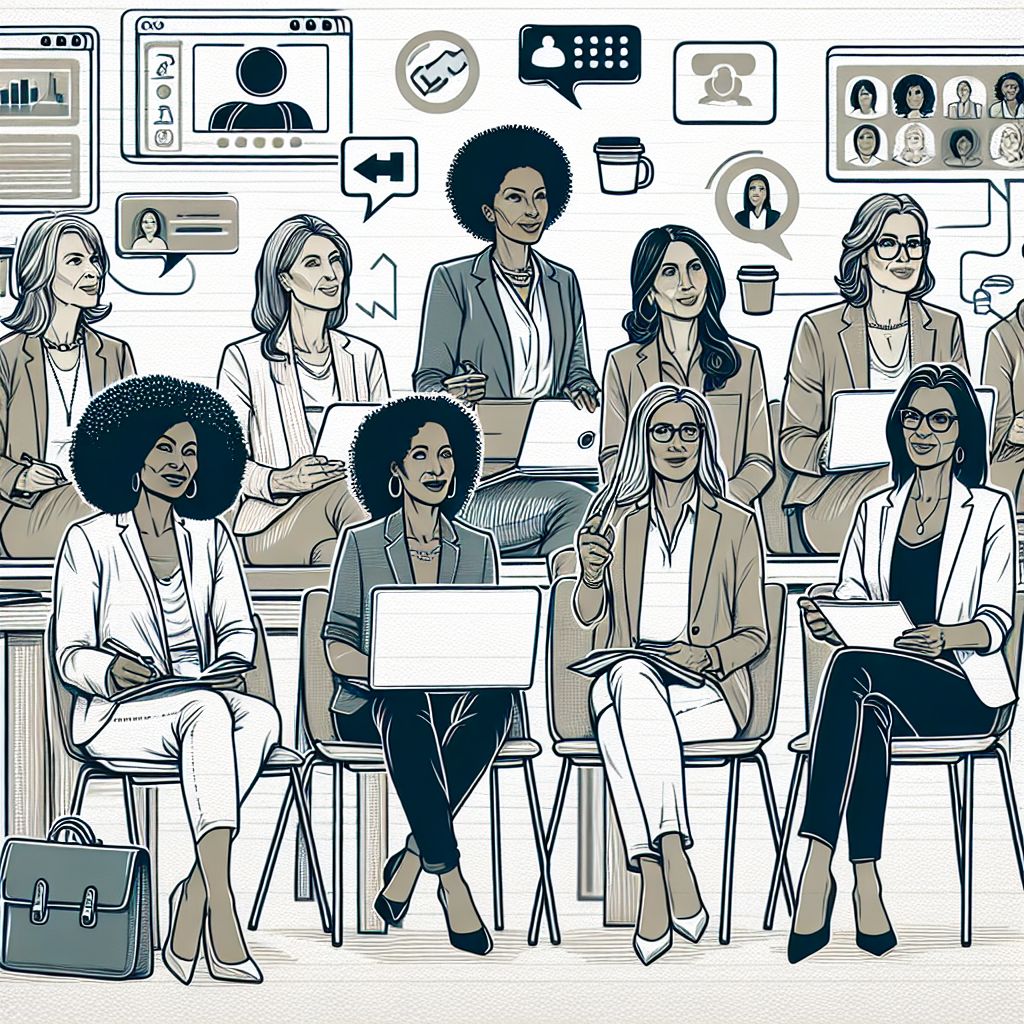 Illustration of women executives giving webinars in a home office setups setting, with a focused mood.