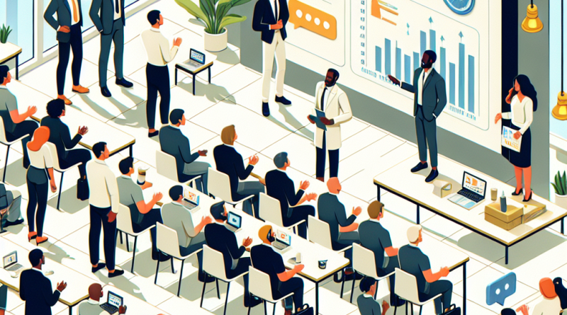 Illustration of men in casual business attire presenting in a modern coworking spaces setting, with a happy mood.