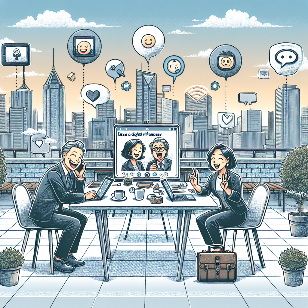 Illustration of video conferencing on tablets in a urban rooftop offices setting, with a happy mood.