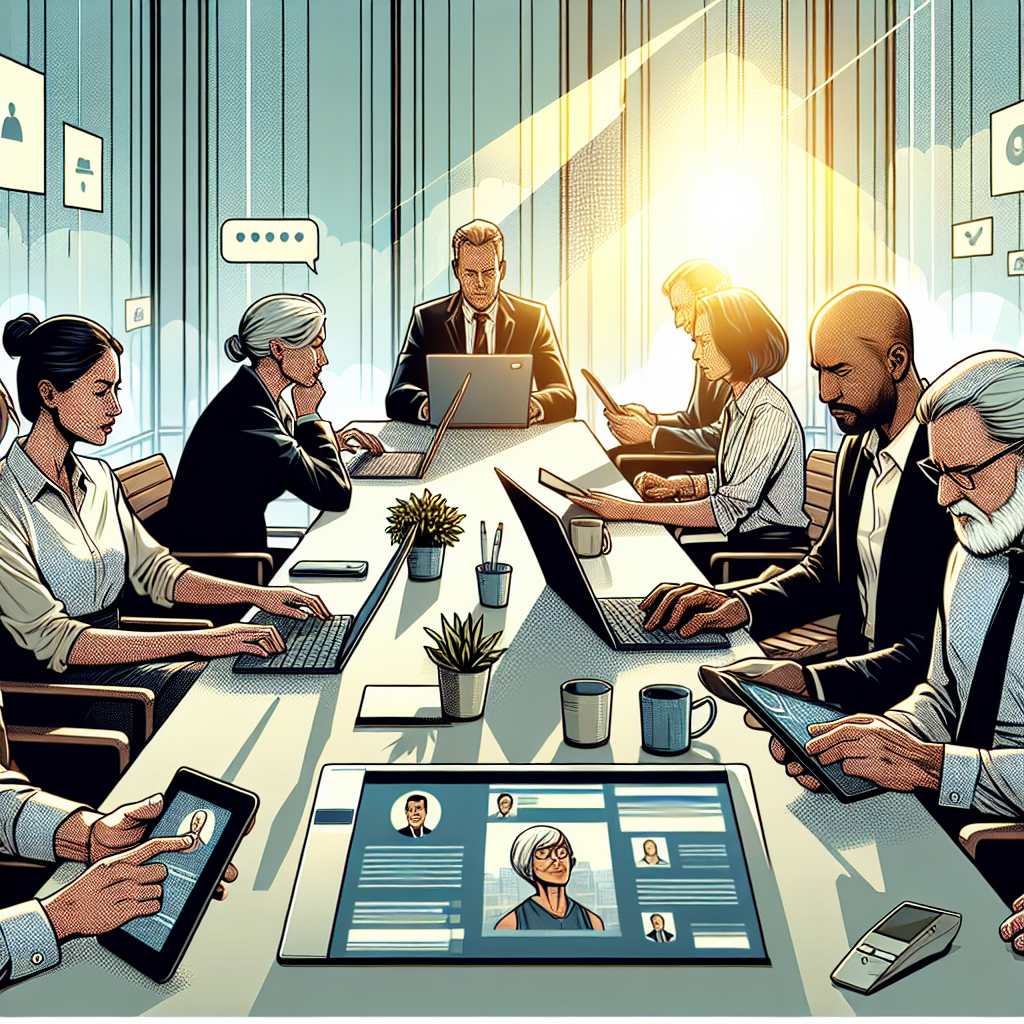 Illustration of video conferencing on tablets in a sunlit professional workspaces setting, with a determined mood.