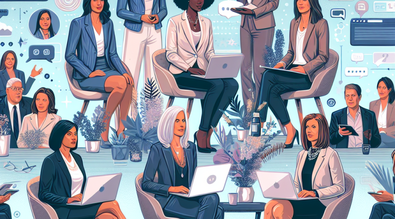 Illustration of women executives giving webinars in a modern coworking spaces setting, with a creative mood.