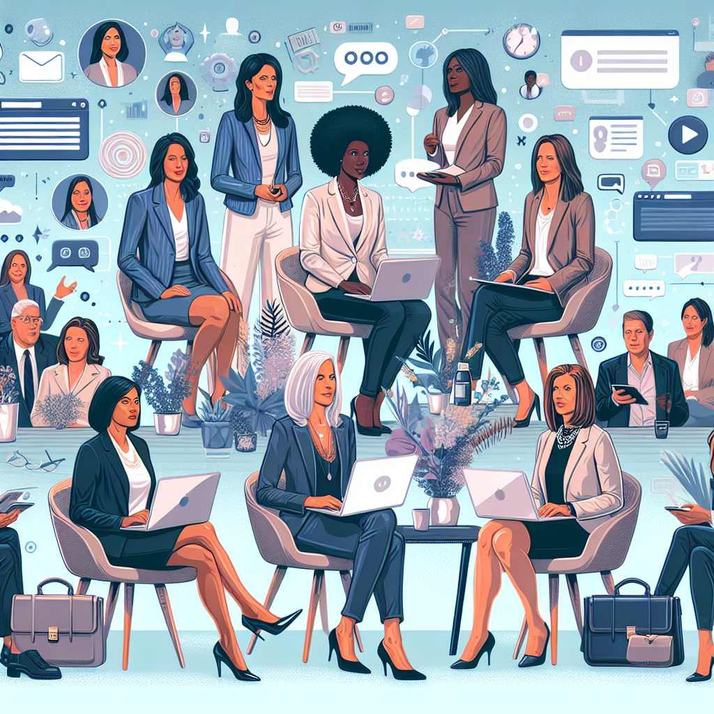 Illustration of women executives giving webinars in a modern coworking spaces setting, with a creative mood.