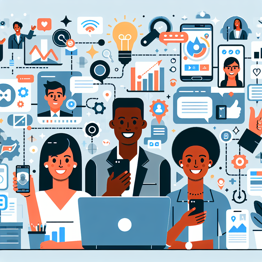 Illustration of smiling professionals with smartphones in a home office setups setting, with a creative mood.