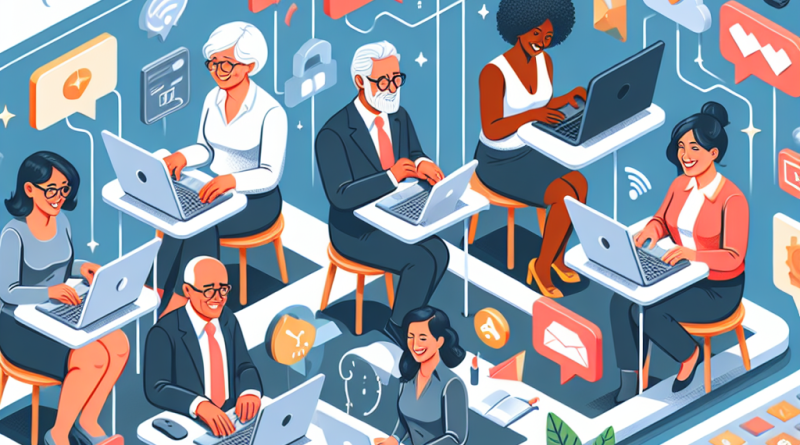 Illustration of diverse entrepreneurs over 40 in a open laptops with productivity apps setting, with a happy mood.