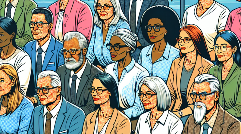 Illustration of group workshops with older attendees in a home office setups setting, with a determined mood.