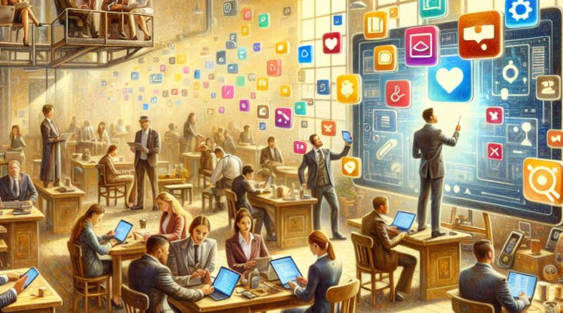 Illustration of video conferencing on tablets in a legacy business interiors setting, with a creative mood.