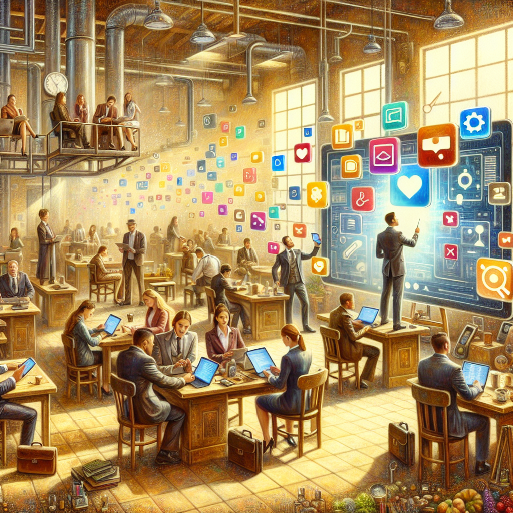 Illustration of video conferencing on tablets in a legacy business interiors setting, with a creative mood.