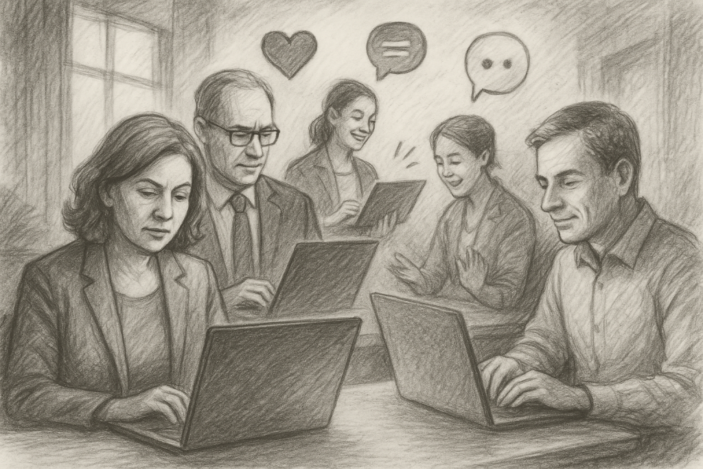 Illustration of mature professionals on laptops in a legacy business interiors setting, with a creative mood.