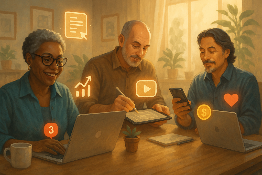 Illustration of diverse entrepreneurs over 40 in a sunlit professional workspaces setting, with a creative mood.