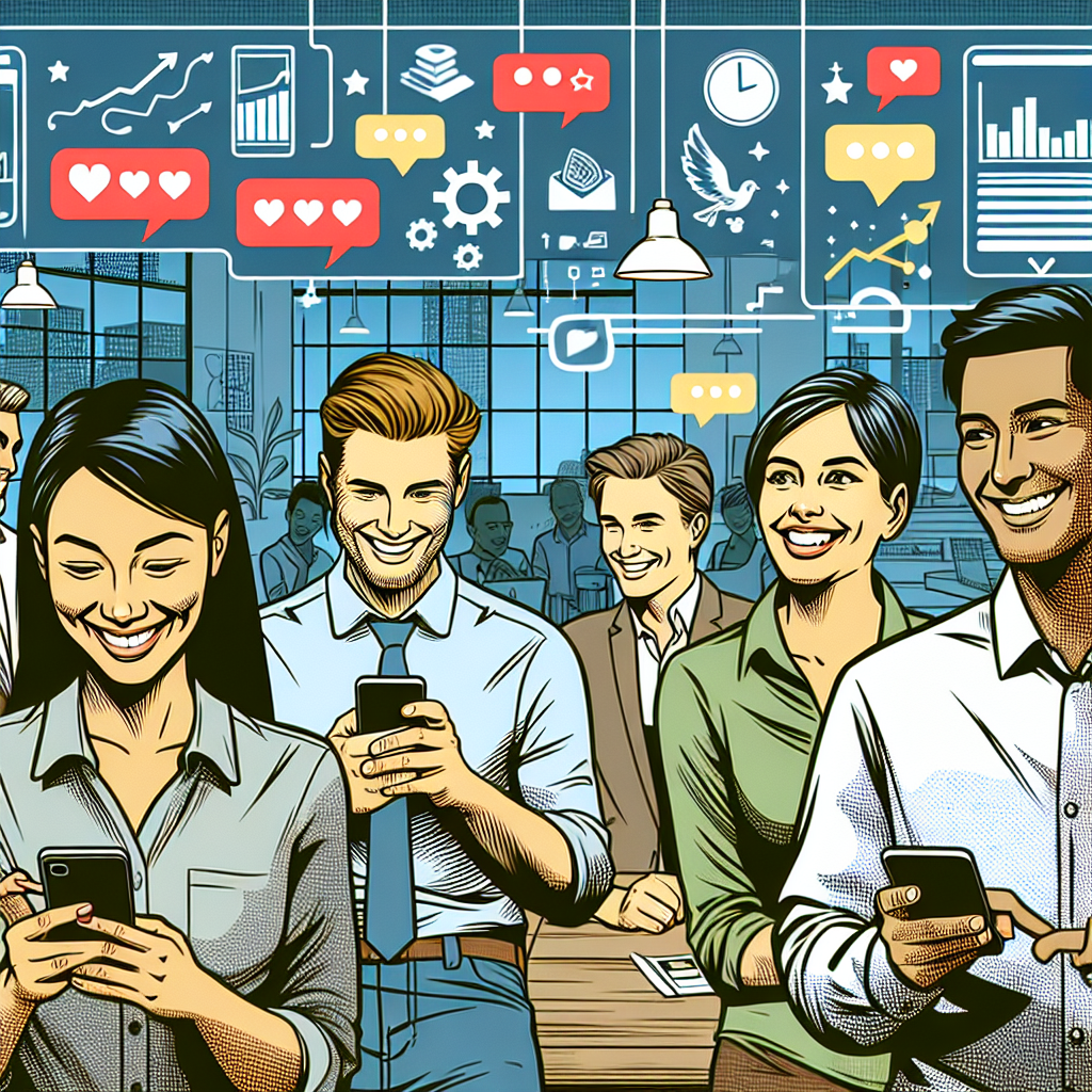 Illustration of smiling professionals with smartphones in a modern coworking spaces setting, with a happy mood.