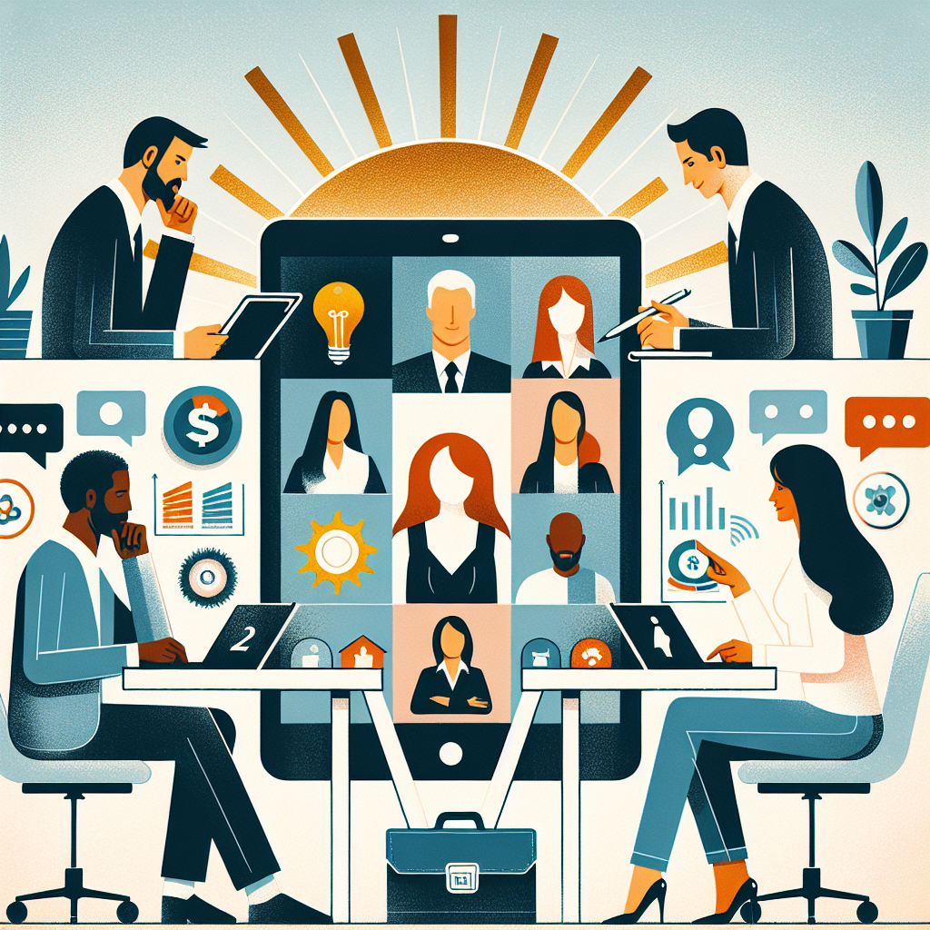 Illustration of video conferencing on tablets in a sunlit professional workspaces setting, with a creative mood.