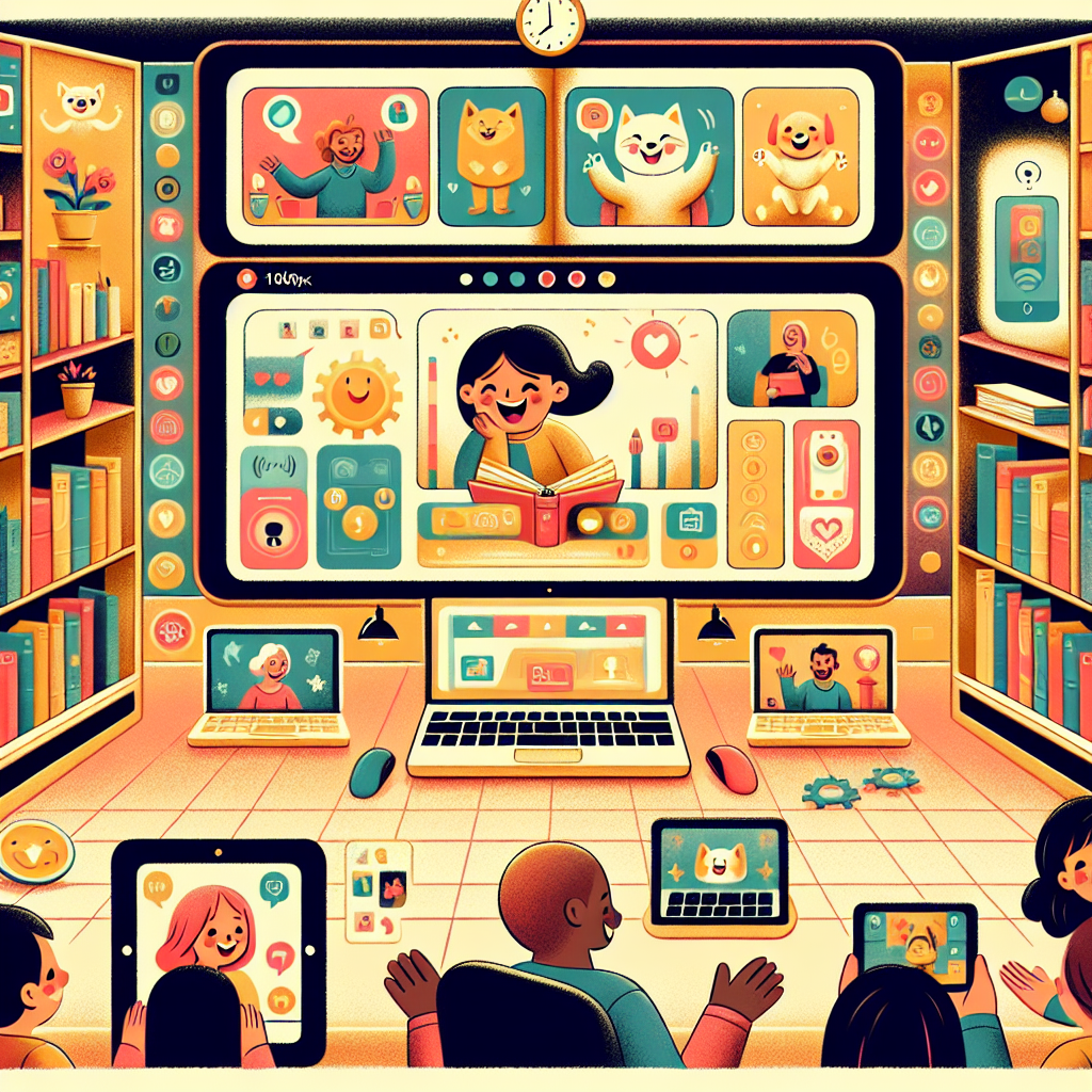 Illustration of video conferencing on tablets in a open laptops with productivity apps setting, with a happy mood.