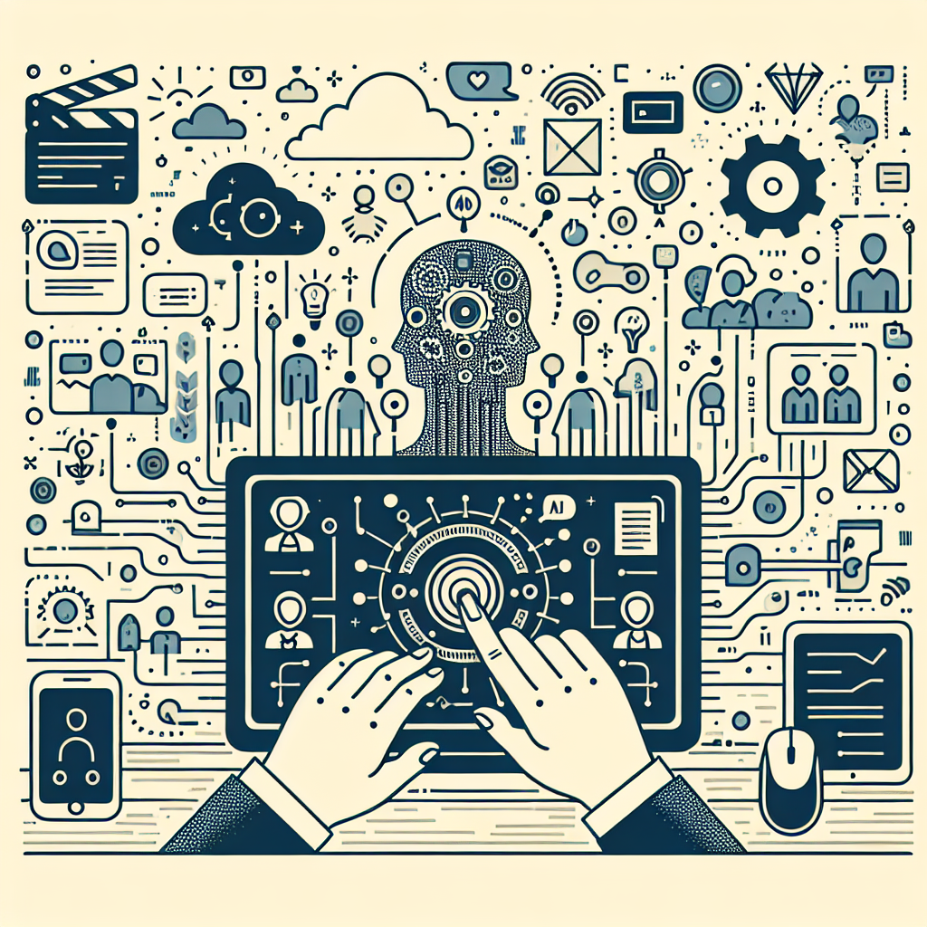 Illustration of hands using ai-powered tools in a minimalist tech environments setting, with a creative mood.