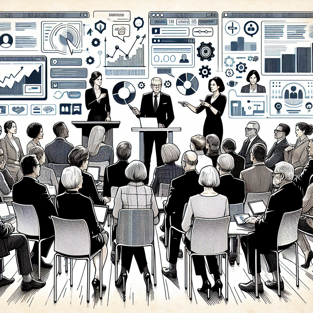 Illustration of group workshops with older attendees in a digital dashboards and data setting, with a creative mood.