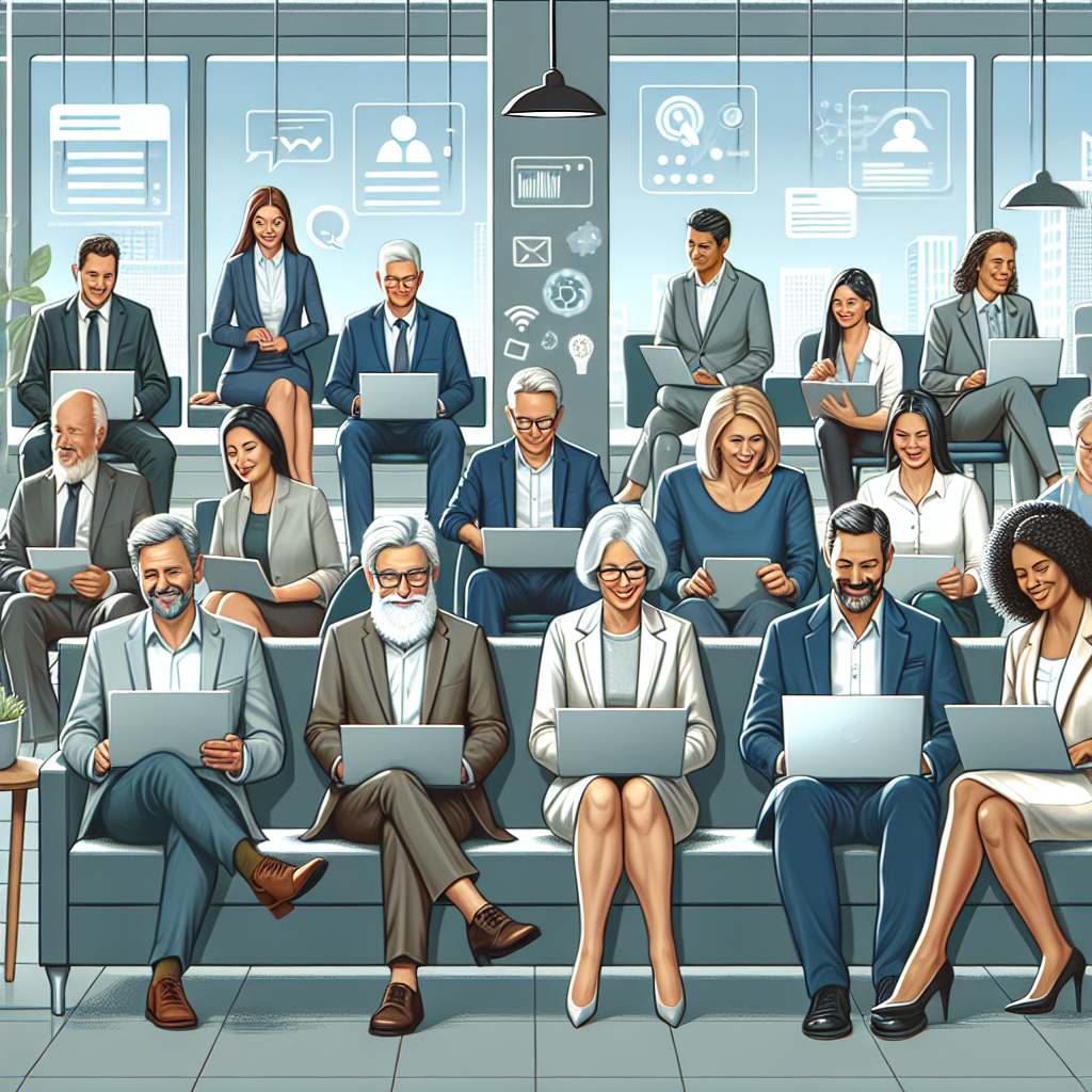 Illustration of mature professionals on laptops in a modern coworking spaces setting, with a happy mood.