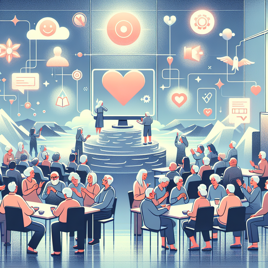 Illustration of group workshops with older attendees in a modern coworking spaces setting, with a happy mood.
