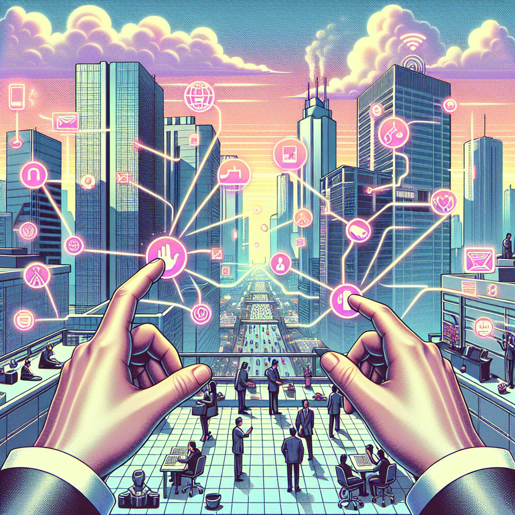 Illustration of hands using ai-powered tools in a urban rooftop offices setting, with a relaxed mood.