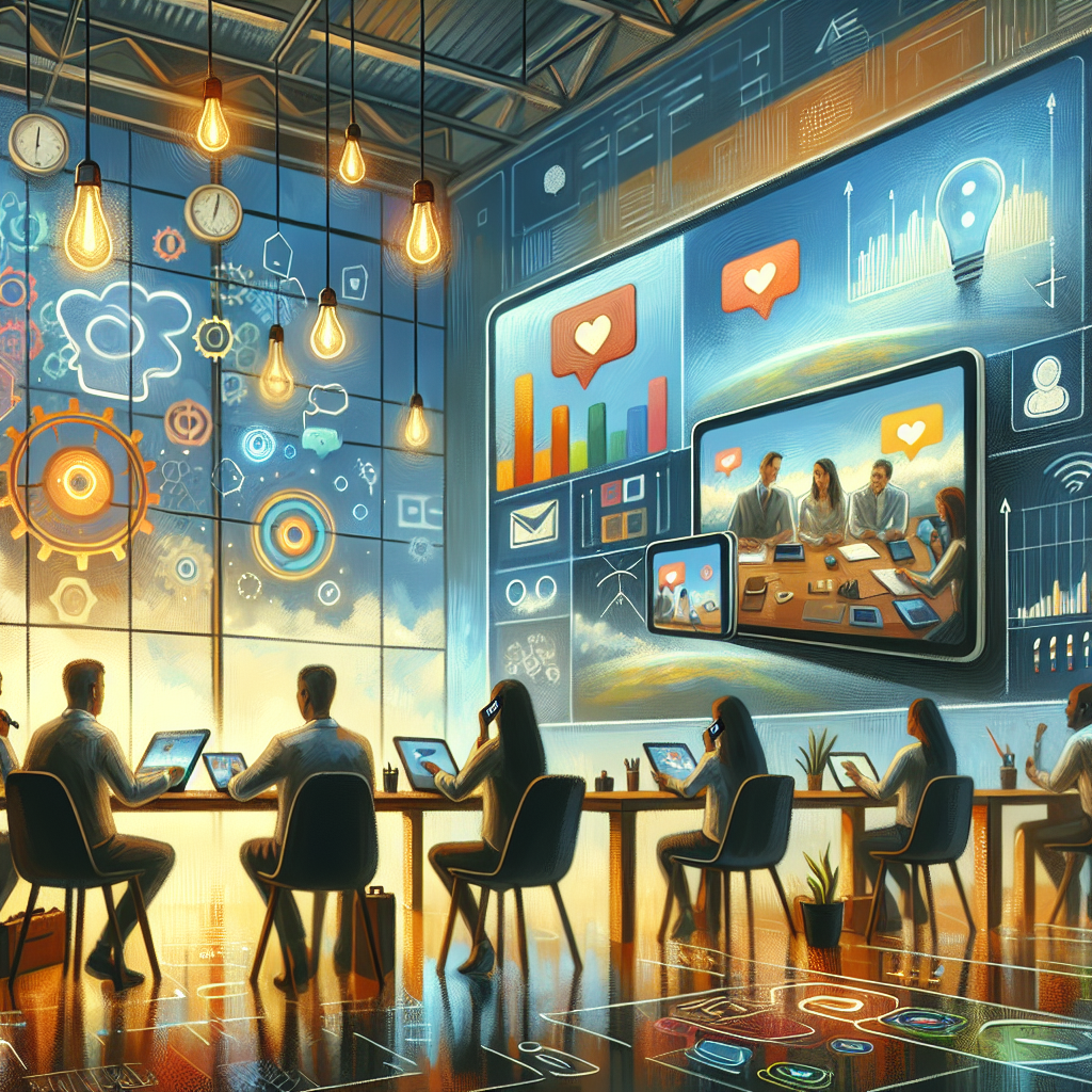 Illustration of video conferencing on tablets in a sunlit professional workspaces setting, with a focused mood.