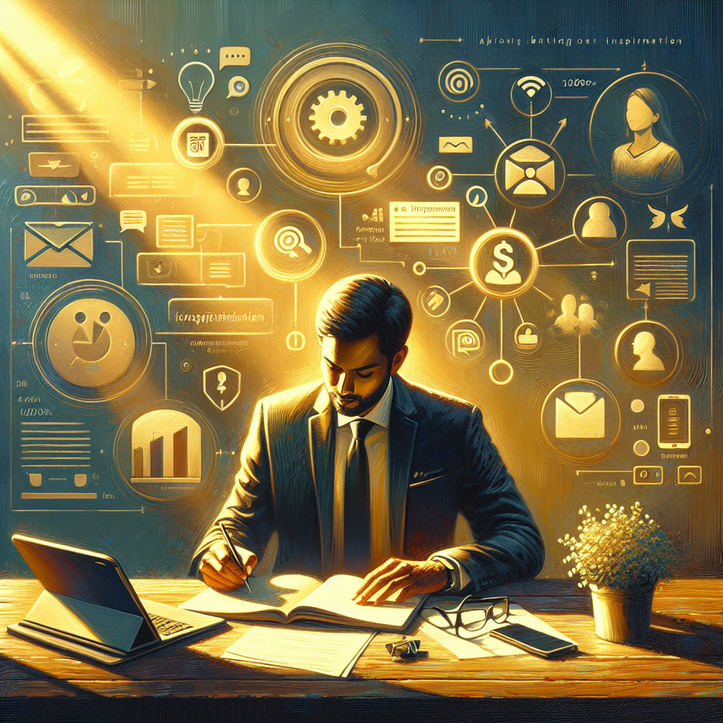 Illustration of writing in notebooks with tablets nearby in a sunlit professional workspaces setting, with a inspired mood.