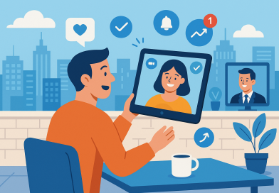 Illustration of video conferencing on tablets in a urban rooftop offices setting, with a happy mood.