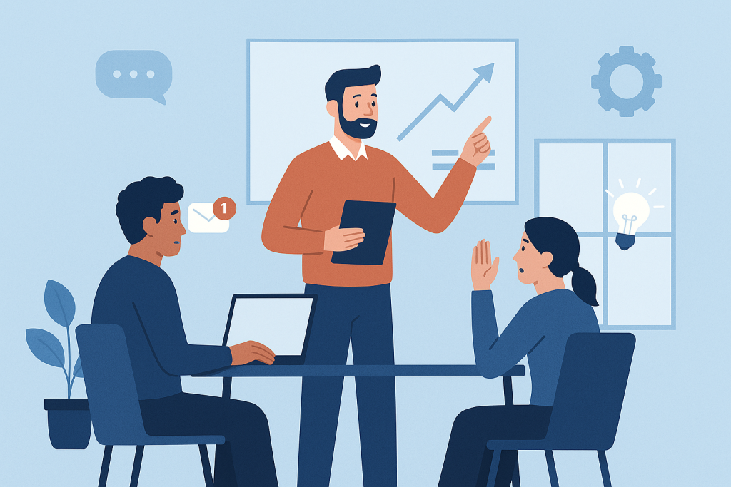 Illustration of men in casual business attire presenting in a minimalist tech environments setting, with a determined mood.