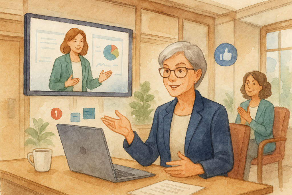 Illustration of women executives giving webinars in a legacy business interiors setting, with a relaxed mood.