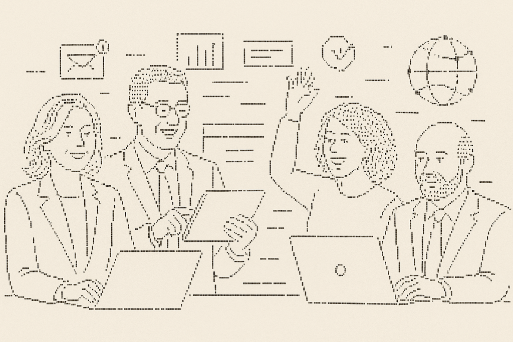 Illustration of diverse entrepreneurs over 40 in a minimalist tech environments setting, with a inspired mood.
