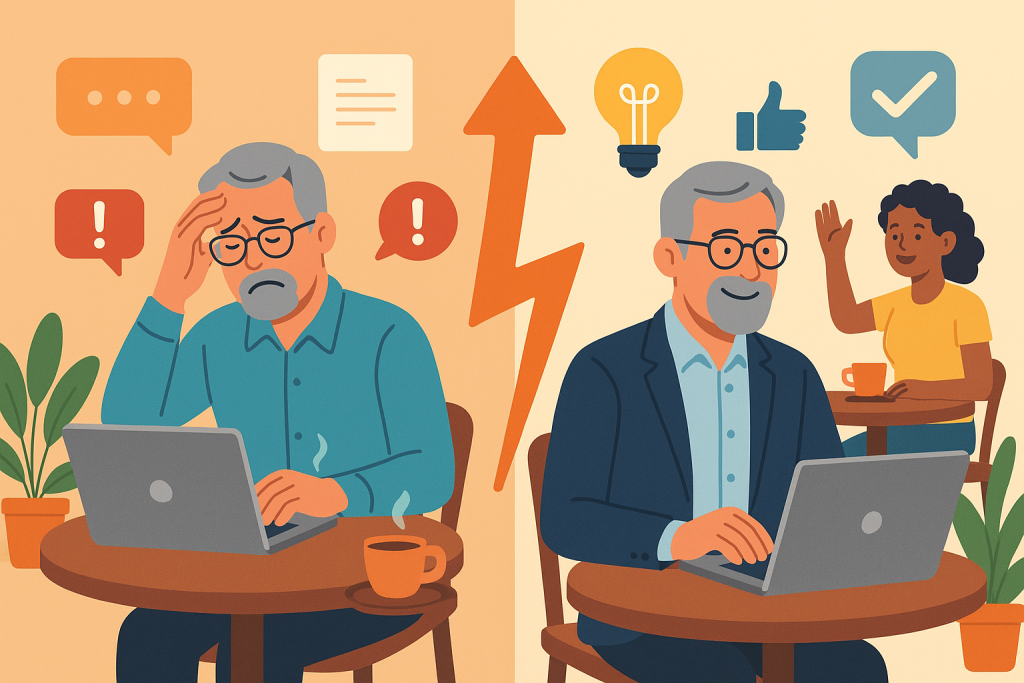 Illustration of mature professionals on laptops in a coffee shop settings setting, with a relaxed mood.