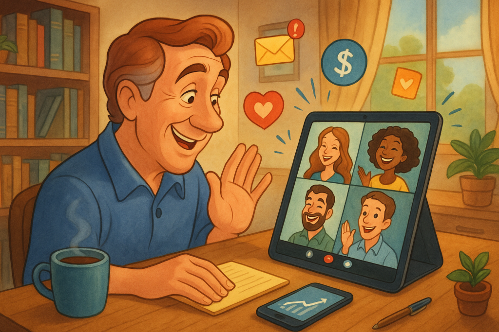 Illustration of video conferencing on tablets in a home office setups setting, with a happy mood.