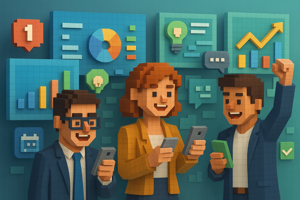 Illustration of smiling professionals with smartphones in a digital dashboards and data setting, with a creative mood.