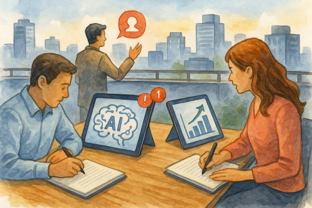 Illustration of writing in notebooks with tablets nearby in a urban rooftop offices setting, with a determined mood.