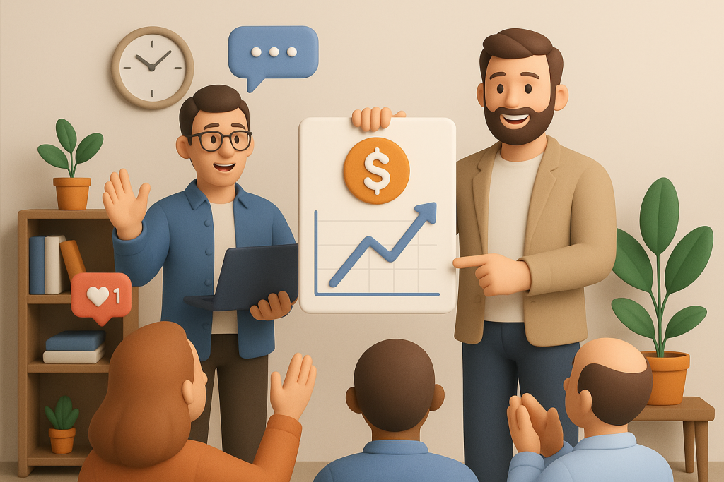 Illustration of men in casual business attire presenting in a legacy business interiors setting, with a inspired mood.