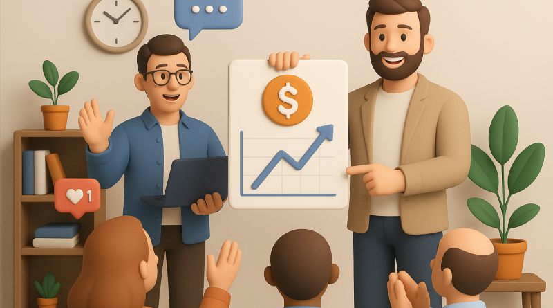 Illustration of men in casual business attire presenting in a legacy business interiors setting, with a inspired mood.