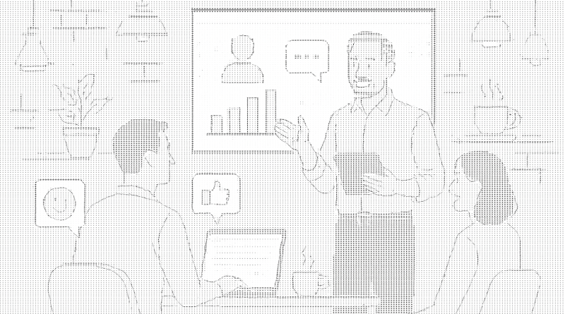 Illustration of men in casual business attire presenting in a coffee shop settings setting, with a relaxed mood.