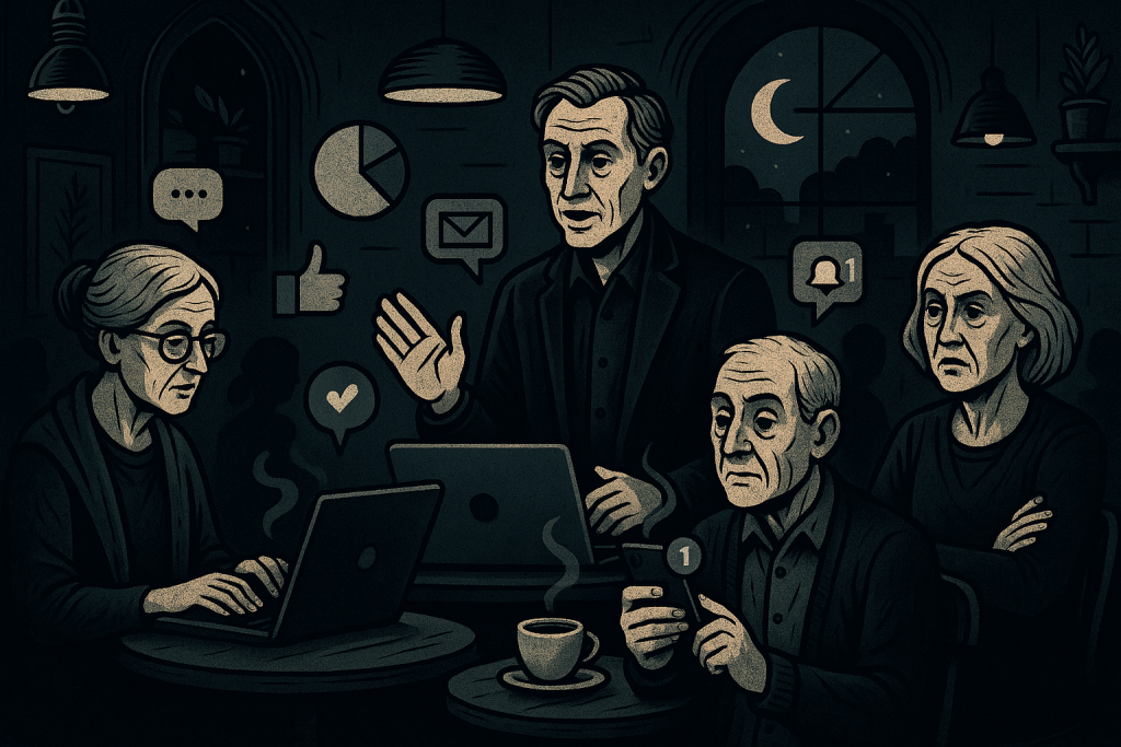 Illustration of group workshops with older attendees in a coffee shop settings setting, with a relaxed mood.