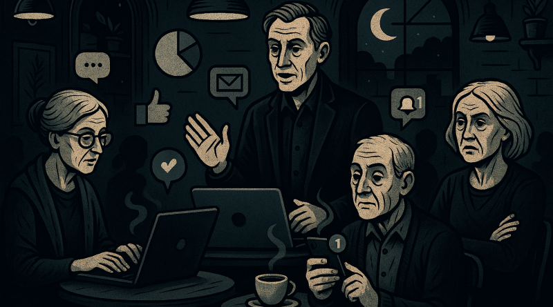 Illustration of group workshops with older attendees in a coffee shop settings setting, with a relaxed mood.