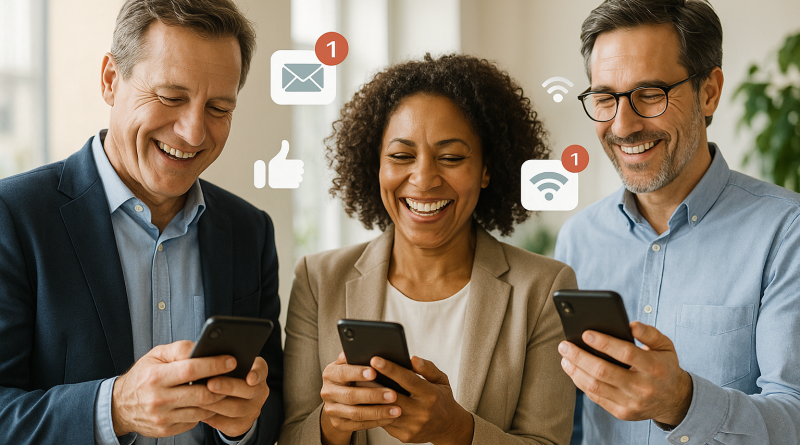 Illustration of smiling professionals with smartphones in a sunlit professional workspaces setting, with a inspired mood.